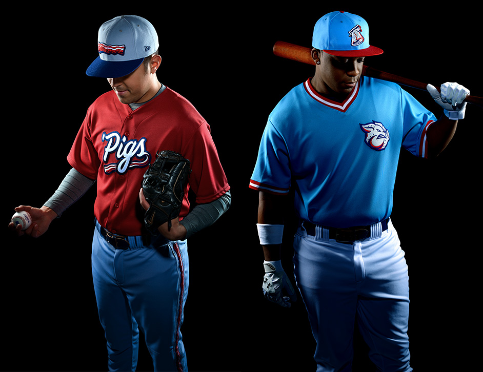 Two baseball players in Iron Pigs uniforms