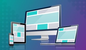 Responsive website design blog. Vector images of multiple screens including a desktop computer, laptop, phone and tablet. 